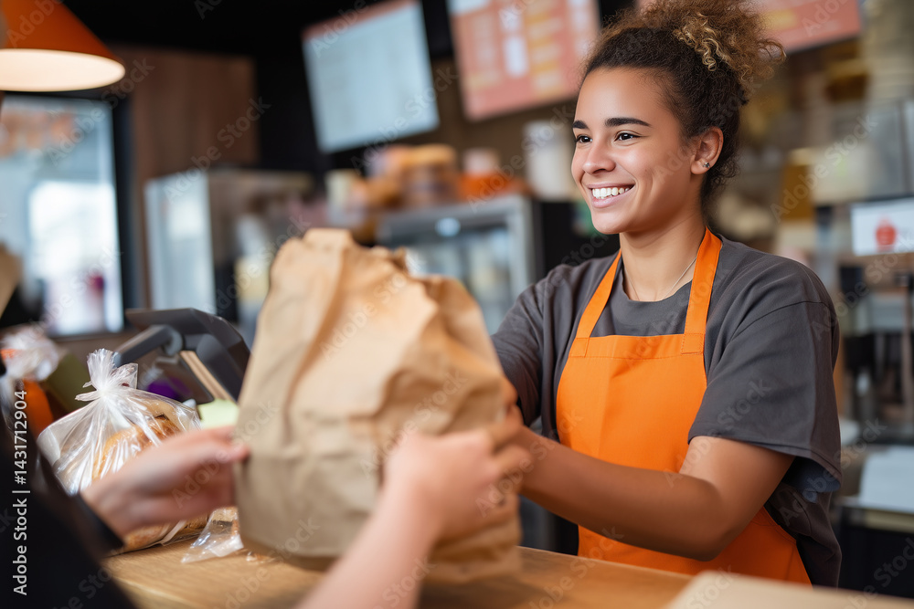 Staff member on a restaurant phone during a busy service, with kitchen activity behind them